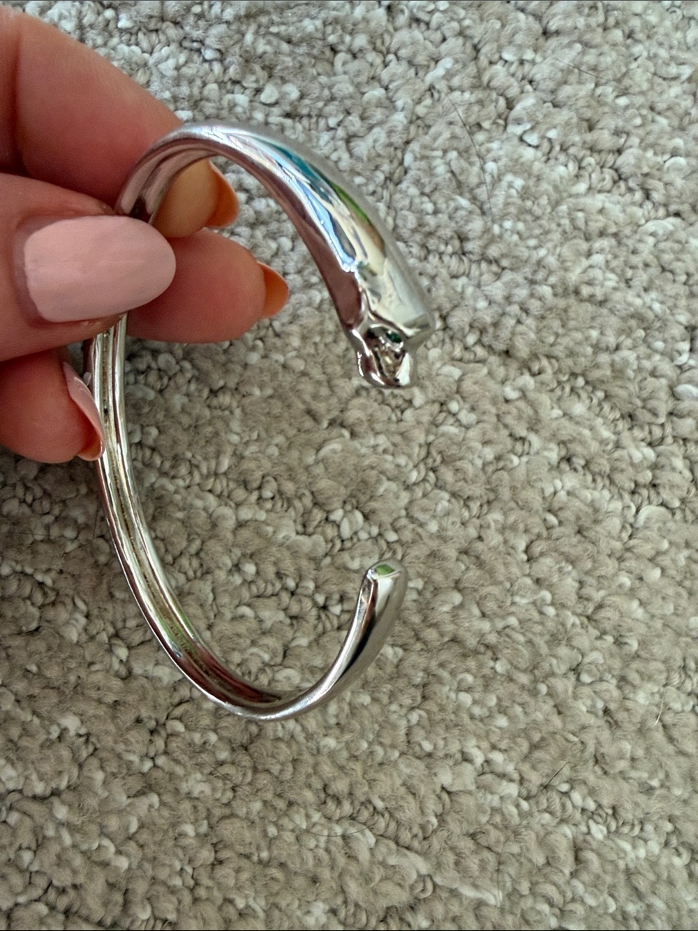 Silver Panther Head Open Cuff Bracelet with Green Accent Eyes